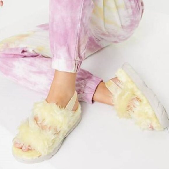UGG Fluff Sugar Sandals Faux Fur Slingback Slip-On Yellow Size 7 NEW - Picture 1 of 7